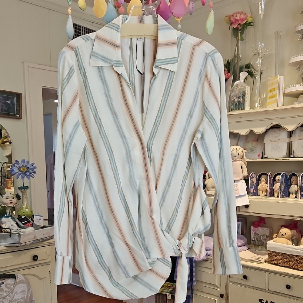 NIC+ZOE Striped Side Tie Down Shirt - Blue and Brown